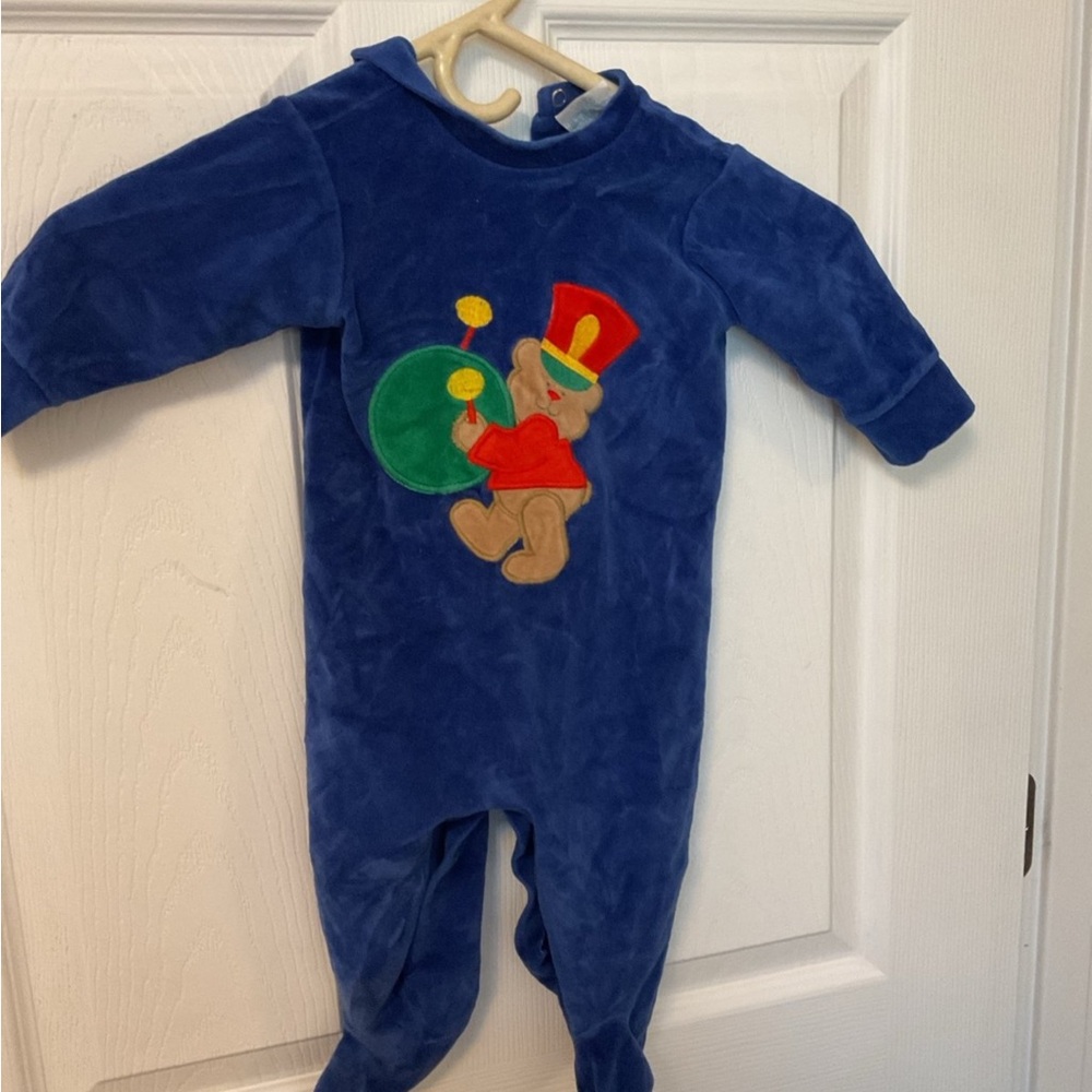 MOTHER Blue Footie with Bear and Drum Design 6-9 months